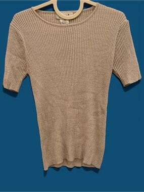 Women’s Y2K 1990s Epogee Ribbed Knit Short Sleeve Top - Light Taupe Size XL